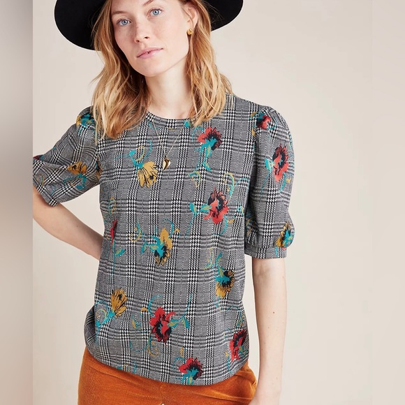 ANTHROPOLOGIE Sunday in Brooklyn Gretchen Houndstooth Floral top size S - Picture 3 of 12
